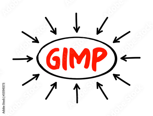 GIMP Gnu Image Manipulation Program - free and open-source raster graphics editor used for image manipulation and image editing, acronym text with arrows