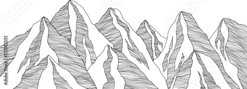 Mountain futuristic illustration. Background wavy lines. Nature sketch. Abstract landscape.