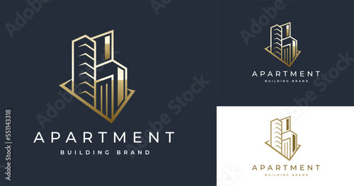 Real estate apartment building construction line style logo template