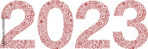 2023 Happy New Year logo text design mehendi. 2023 number design template henna tattoo. Collection of 2023 Happy New Year symbols. Vector illustration isolated on white background.