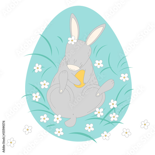 Cute Easter Bunny. lies in the grass. holds a colored egg in its paws. illustration in pastel colors