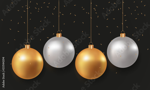 Christmas golden and silver balls and falling confetti on a black background. Golden realistic Christmas toys. Luxurious hanging trinkets with ribbon. Festive glitter design elements. Vector EPS 10