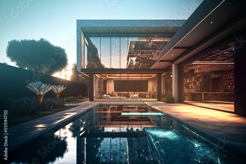 modern architecture design, luxury home with backyard swimming pool, fictional architecture created with generative ai