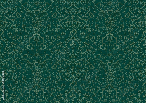 Hand-drawn unique abstract symmetrical seamless gold ornament on a dark cold green background. Hearts and ribbons. Paper texture. Digital artwork, A4. (pattern: pv02b)