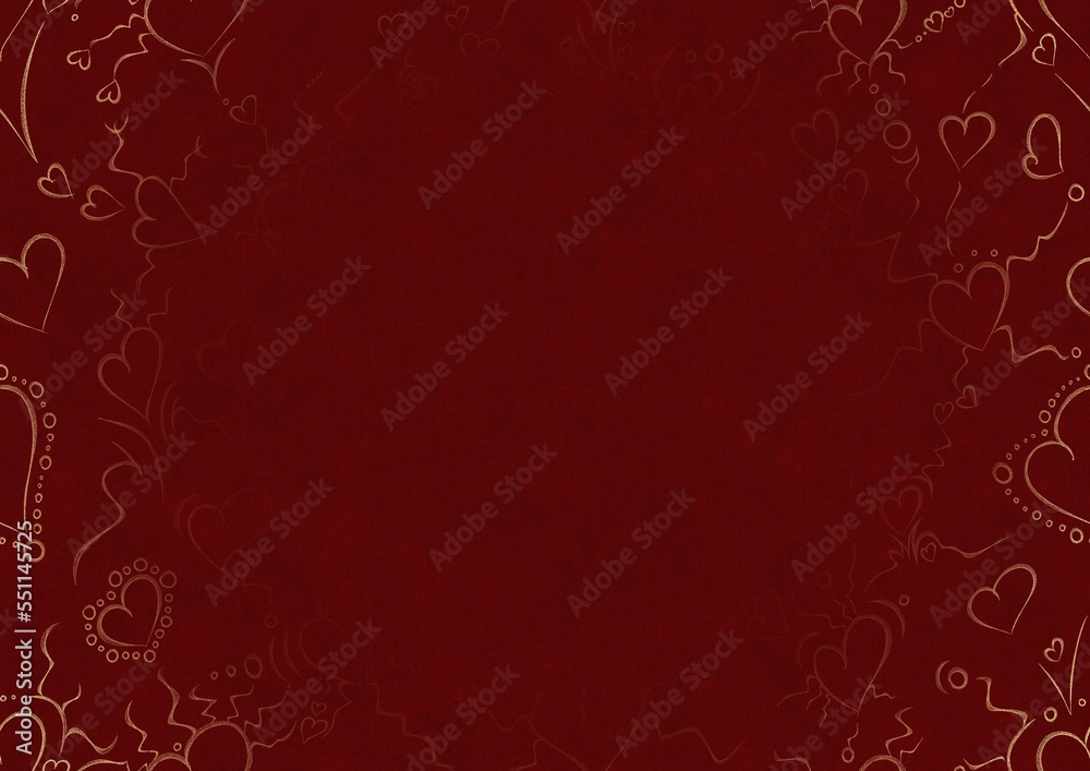 Deep red textured paper with vignette of golden hand-drawn pattern. Hearts and ribbons. Copy space. Digital artwork, A4. (pattern: pv01a) Deep red textured paper with vignette of golden hand-drawn pattern. Hearts and ribbons. Copy space. Digital artwork, A4. (pattern: pv01a)
