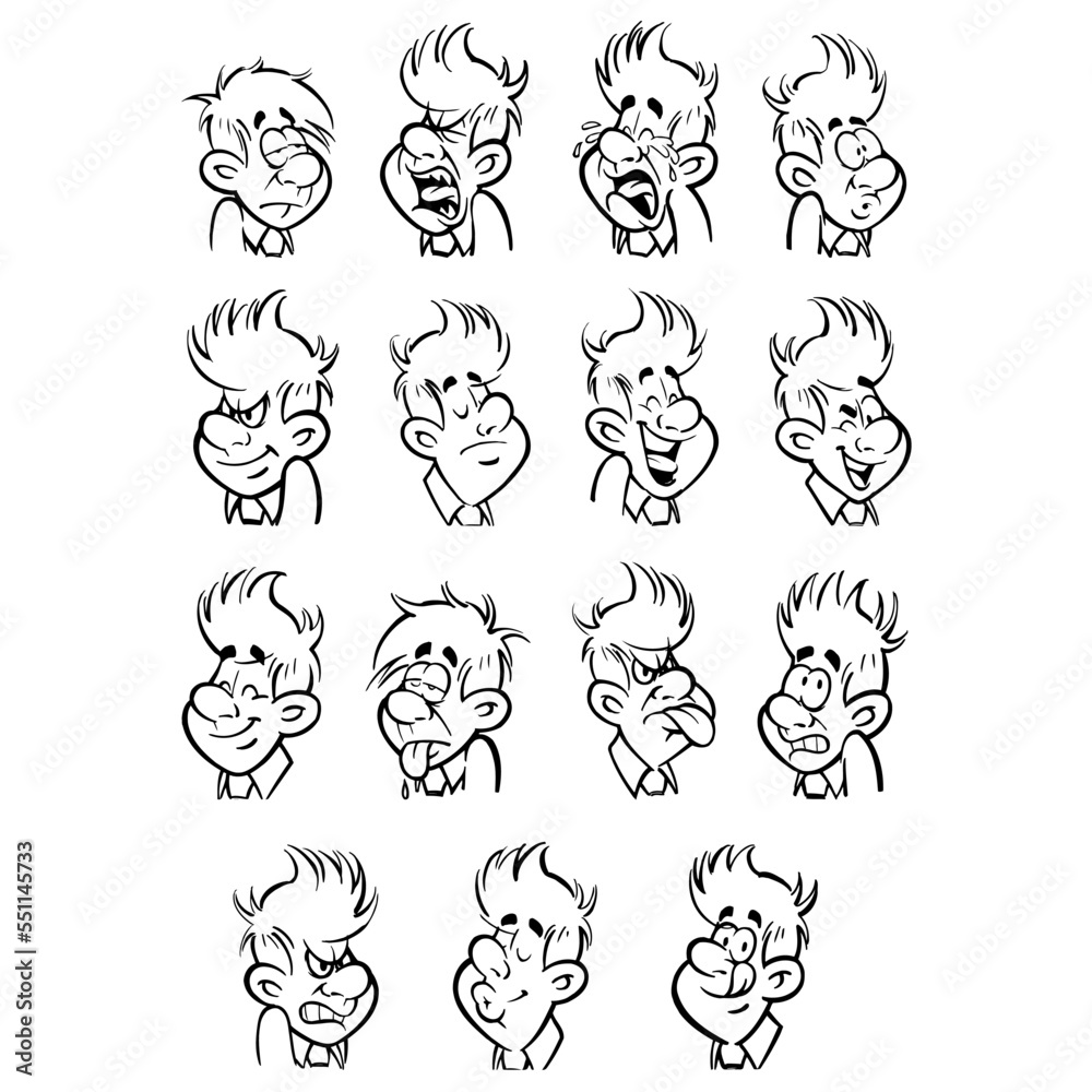 Cartoon faces. Funny face expressions, caricature emotions. Stock ...