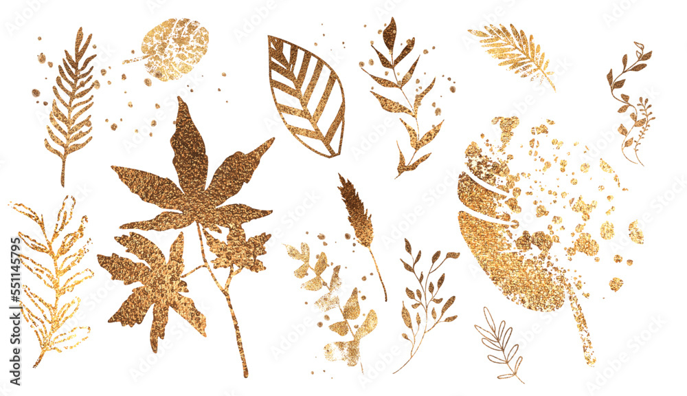 Big hand drawn colorful gold plant set - universally usable. Botanical, chic and trendy plants. Hand drawn lines, elegant leaves for your own design. Flower branch and minimalistic modern plants.