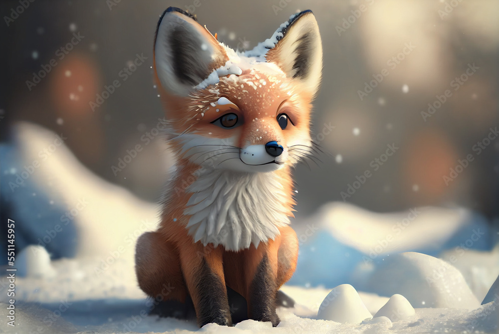 Fototapeta premium Cute fox baby in snow, winter, generative ai 