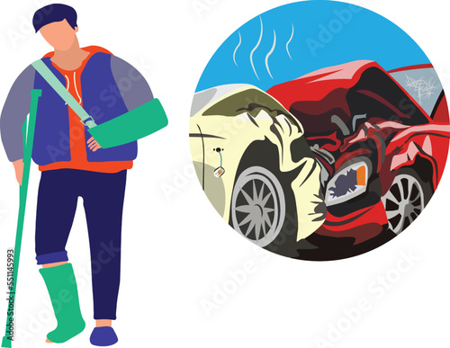 car accident for insurance claim illustration concept and a man using crutches after an accident