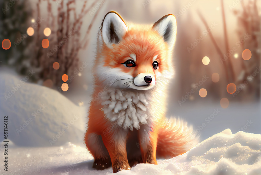 cute red fox baby cartoon dreamlike in snow, winter,christmas. generative  ai Stock Illustration | Adobe Stock