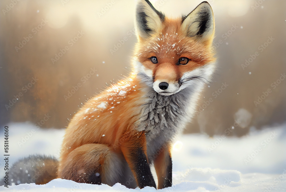 Fototapeta premium cute red fox baby cartoon dreamlike in snow, winter, generative ai.