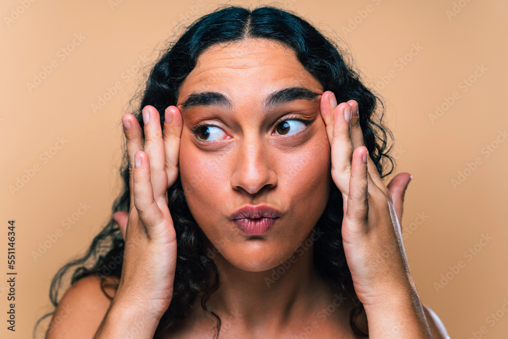 Fototapeta premium Beauty studio portrait of beautiful young woman with diastema - Confident and interesting female with diverse and unique style, concepts about skin care, body care, individuality and body acceptance