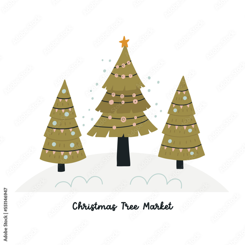 Isolated Christmas green trees market with garland. New Year Bright Xmas holiday composition on white background