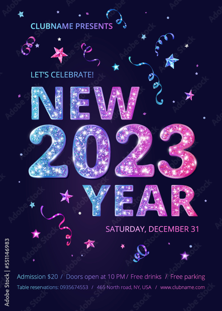 New Year party flyer, vector. Holiday poster design. Sparkling rainbow glitter gradient numbers 2023