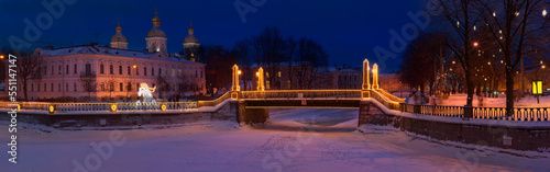 Semimostye bridge, Saint Petersburg in Christmas illumination after dark photo