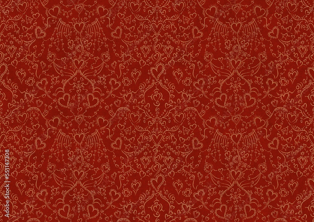 Hand-drawn unique abstract symmetrical seamless gold ornament on a bright red background. Hearts and ribbons. Paper texture. Digital artwork, A4. (pattern: pv02b) Hand-drawn unique abstract symmetrical seamless gold ornament on a bright red background. Hearts and ribbons. Paper texture. Digital artwork, A4. (pattern: pv02b)