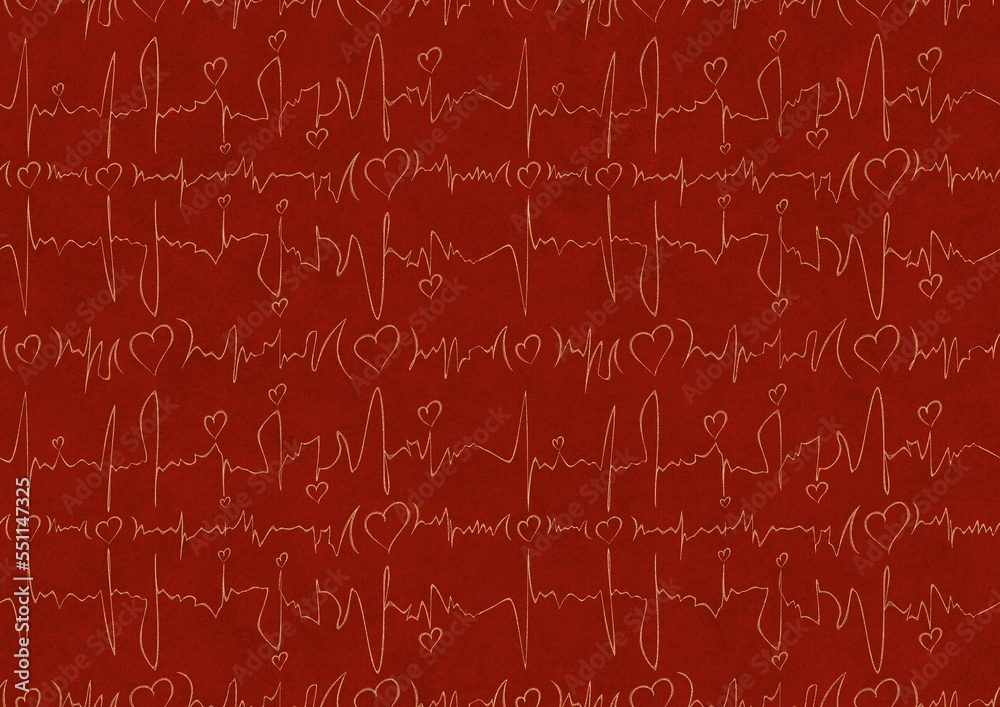 Hand-drawn unique abstract symmetrical seamless gold ornament on a bright red background. Hearts and ribbons in cardiogram style. Paper texture. Digital artwork, A4. (pattern: pv03b)