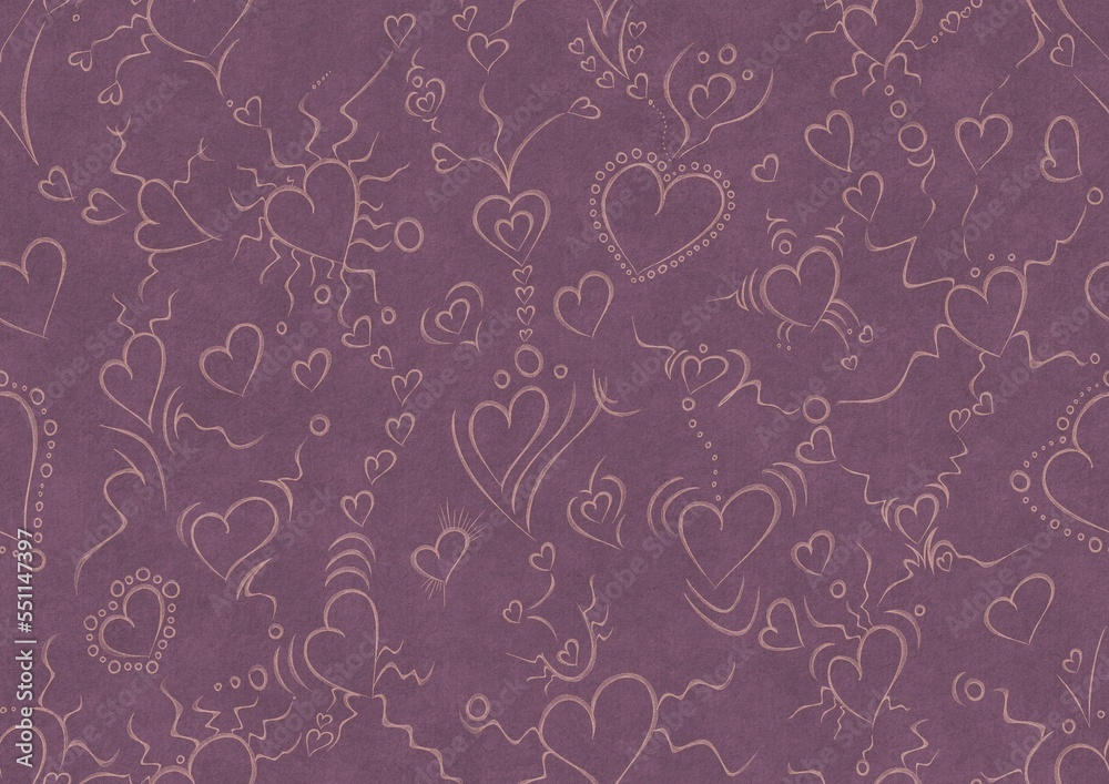Hand-drawn abstract seamless ornament. Hearts and ribbons. Pale pink on a purple background. Paper texture. Digital artwork, A4. (pattern: pv01a) Hand-drawn abstract seamless ornament. Hearts and ribbons. Pale pink on a purple background. Paper texture. Digital artwork, A4. (pattern: pv01a)