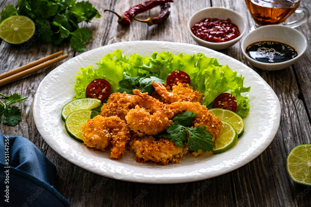 Fried panko prawns with lime, tomatoes and greens wooden table
Fried panko prawns with lime, tomatoes and greens wooden table
