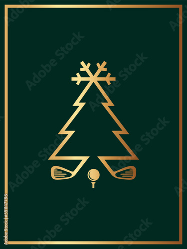 Golf Christmas Greeting Card - Simple line art - Luxury Gold line on Green Background
