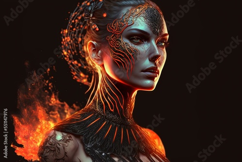 Goddess of Fire in Glow-coal Dress. Generative AI, non-existent person. 