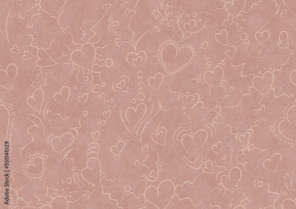 Hand-drawn abstract seamless ornament. Light semi transparent pale pink on a pale pink background. Hearts and ribbons. Paper texture. Digital artwork, A4. (pattern: pv01a) Hand-drawn abstract seamless ornament. Light semi transparent pale pink on a pale pink background. Hearts and ribbons. Paper texture. Digital artwork, A4. (pattern: pv01a)