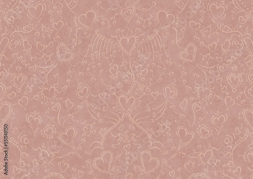 Hand-drawn abstract seamless ornament. Light semi transparent pale pink on a pale pink background. Hearts and ribbons. Paper texture. Digital artwork, A4. (pattern: pv02a)