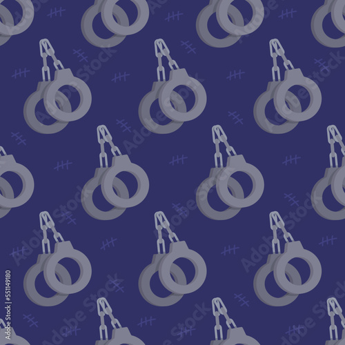 Vector illustration of handcuffs pattern on blue background. Background for police officer's station. 