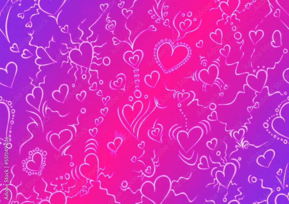 Hand-drawn abstract seamless ornament. Hearts and ribbons. Neon gradient (plastic pink to proton purple) background and glowing pattern on it. Cloth texture. Digital artwork, A4. (pattern: pv01a) Hand-drawn abstract seamless ornament. Hearts and ribbons. Neon gradient (plastic pink to proton purple) background and glowing pattern on it. Cloth texture. Digital artwork, A4. (pattern: pv01a)