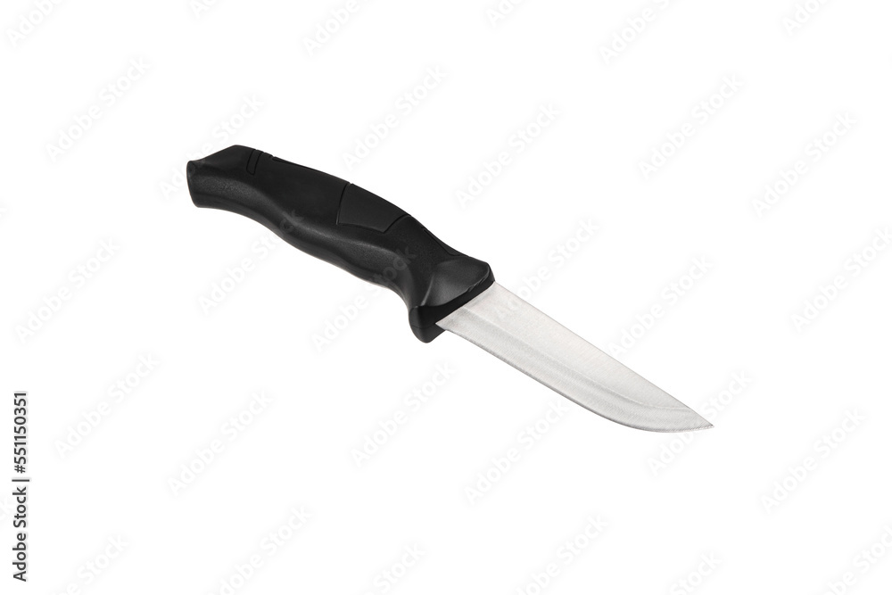 Fototapeta premium Modern hunting knife with black blade and plastic handle. Steel arms. Isolate on a white back.