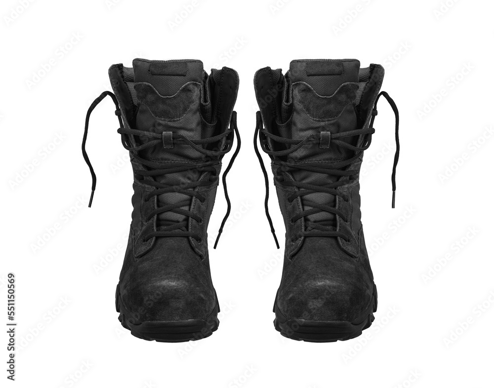 Modern army combat boots. New black shoes. Isolate on a white back.
