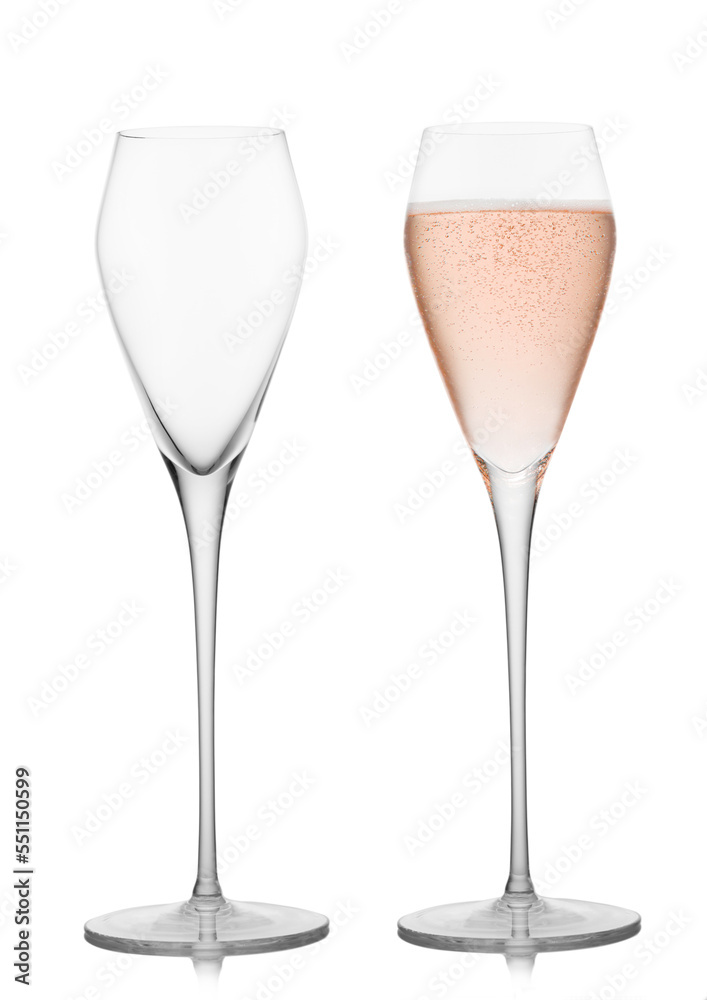 Prosecco wine and pink rose champagne empty and full glasses on white background. Prosecco wine and pink rose champagne empty and full glasses on white background.