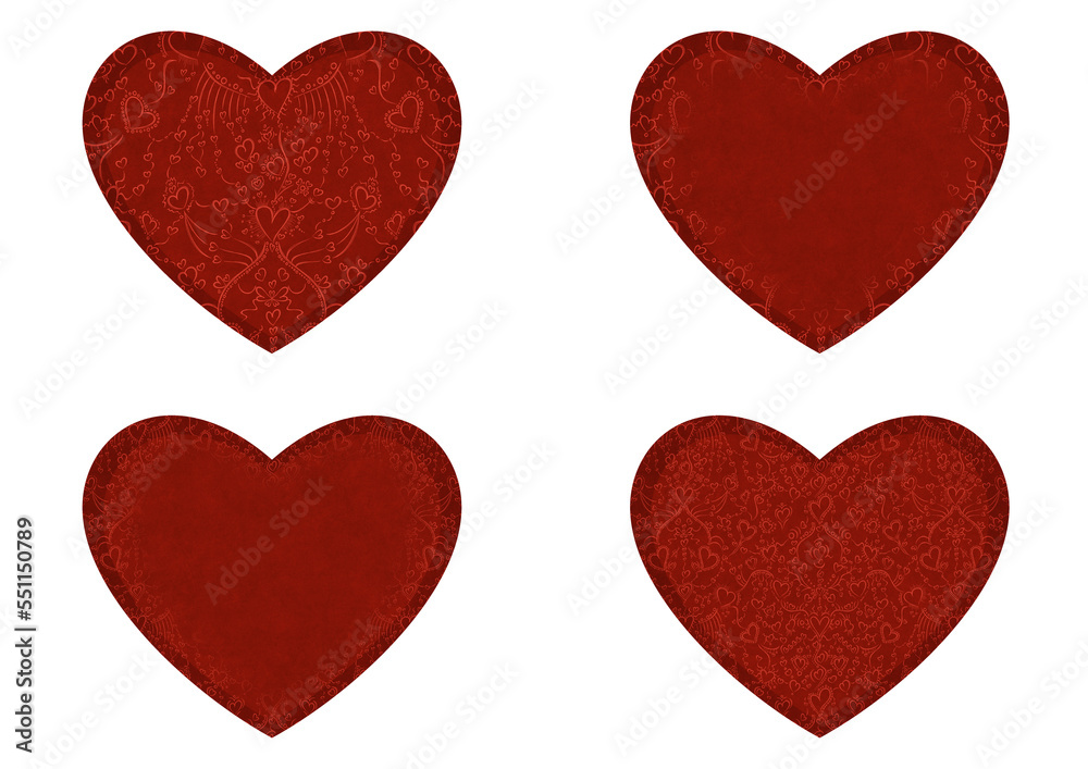 Set of 4 heart shaped valentine's cards. 2 with pattern, 2 with copy space. Deep red background and bright red pattern on it. Cloth texture. Hearts size about 8x7 inch / 21x18 cm (pv02ab)