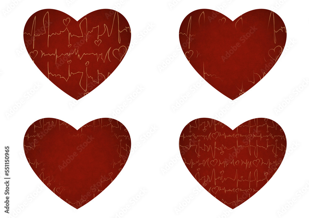 Set of 4 heart shaped valentine's cards. 2 with pattern, 2 with copy space. Deep red background and gold glittery pattern on it. Cloth texture. Hearts size about 8x7 inch / 21x18 cm (pv03ab) Set of 4 heart shaped valentine's cards. 2 with pattern, 2 with copy space. Deep red background and gold glittery pattern on it. Cloth texture. Hearts size about 8x7 inch / 21x18 cm (pv03ab)