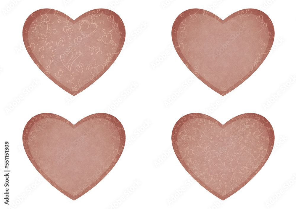 Set of 4 heart shaped valentine's cards. 2 with pattern, 2 with copy space. Pale pink background and light beige pattern on it. Cloth texture. Hearts size about 8x7 inch / 21x18 cm (pv01ab)