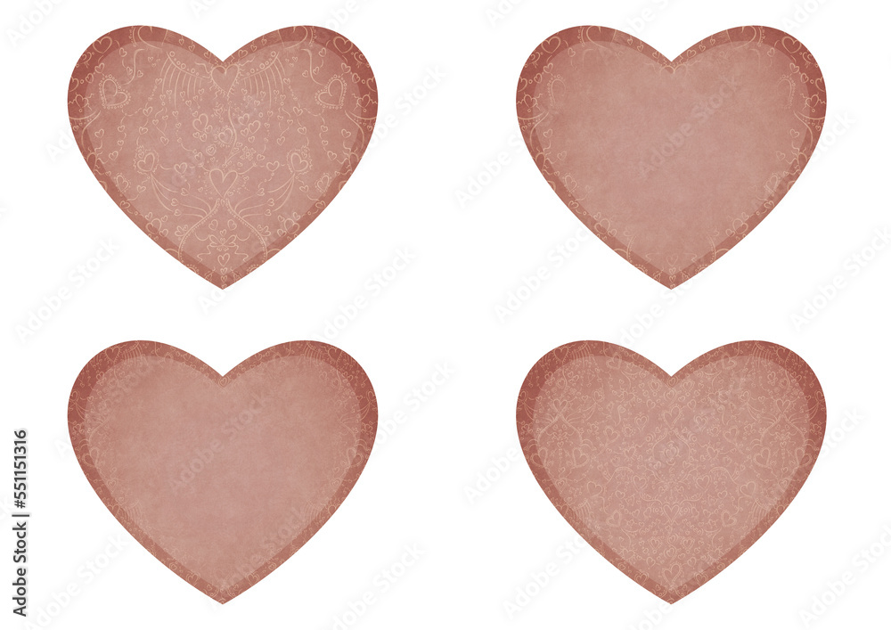 Set of 4 heart shaped valentine's cards. 2 with pattern, 2 with copy space. Pale pink background and light beige pattern on it. Cloth texture. Hearts size about 8x7 inch / 21x18 cm (pv02ab)