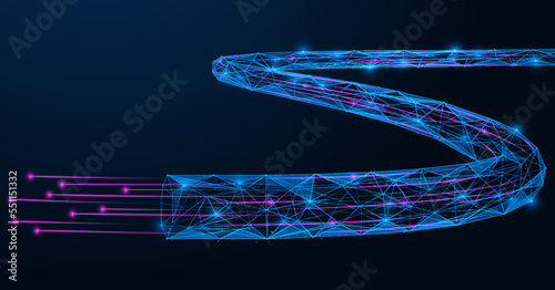 Optical cable, digital communications. Low-poly design of interconnected lines and dots. Blue background.