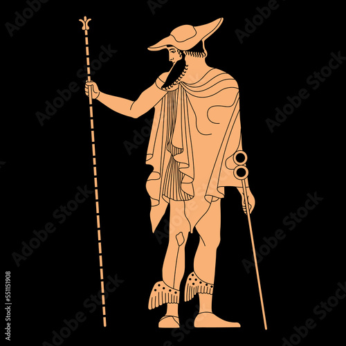 Ancient Greek god Hermes of Mercury. Vase painting style.