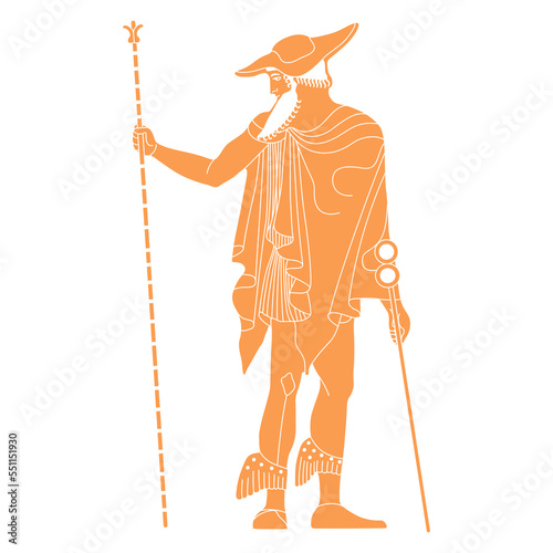 Ancient Greek god Hermes of Mercury. Vase painting style. Monochrome silhouette. Isolated vector illustration.