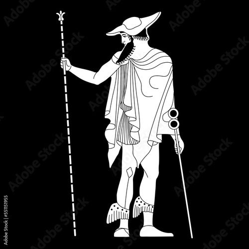 Ancient Greek god Hermes of Mercury. Vase painting style. Black and white silhouette. 