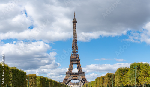 Eiffel Tower view from Champ de Mars park in Paris. France