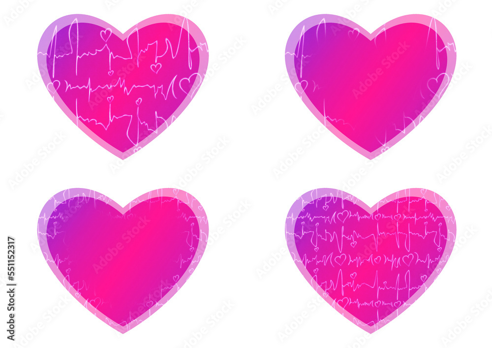 Set of heart shaped valentine's cards. 2 with pattern, 2 with copy space. Neon gradient plastic pink to proton purple, glowing pattern on it. Cloth texture. Heart size 8x7 inch / 21x18 cm (pv03ab)