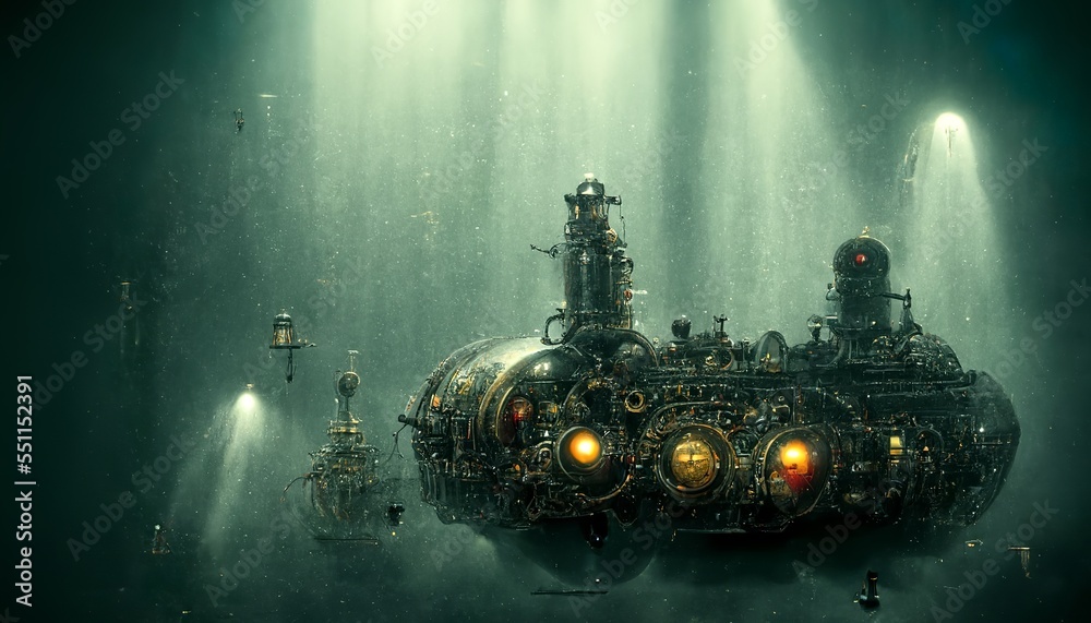 Futuristic steampunk sci-fi submarine exploring deep sea underwater ...