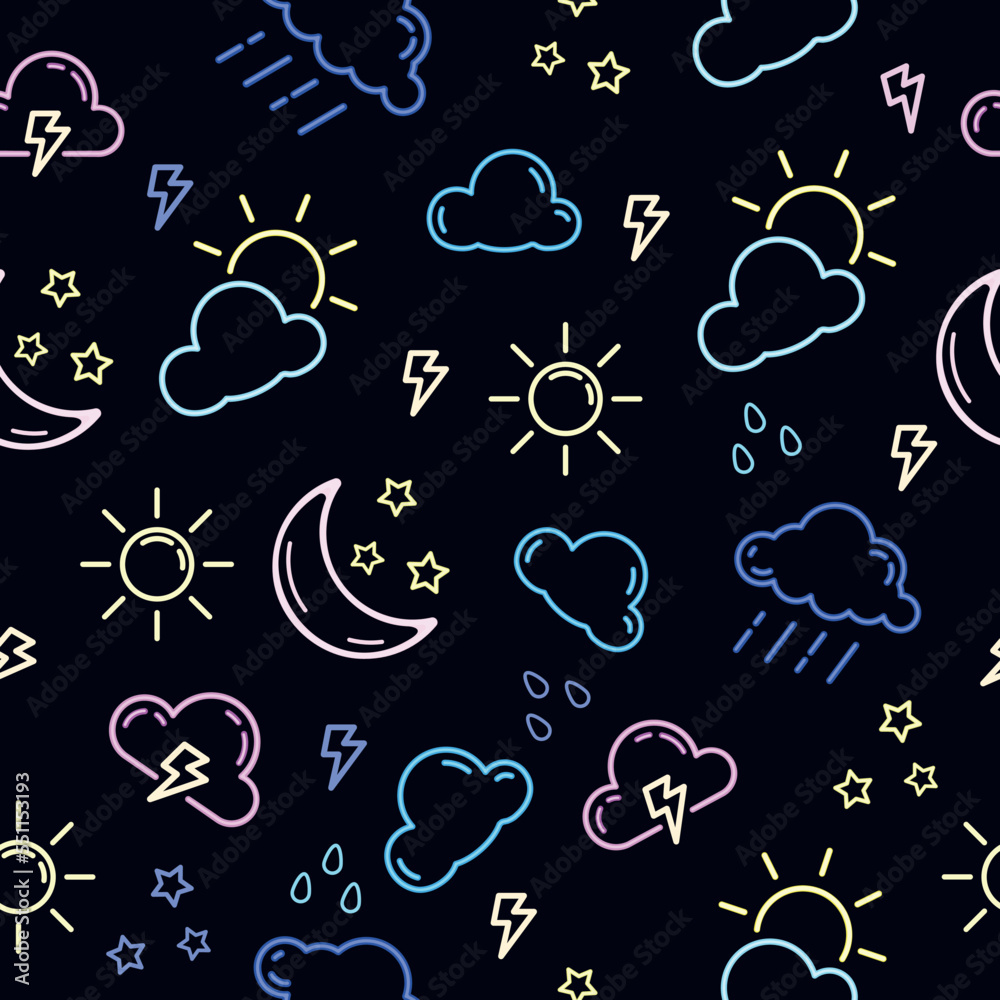Seamless vector black background with weather icons. A bright and