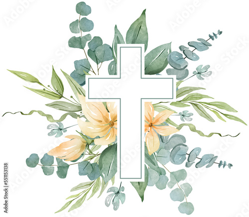 Stampa su tela Religious cross with greenery and flowers watercolor illustration