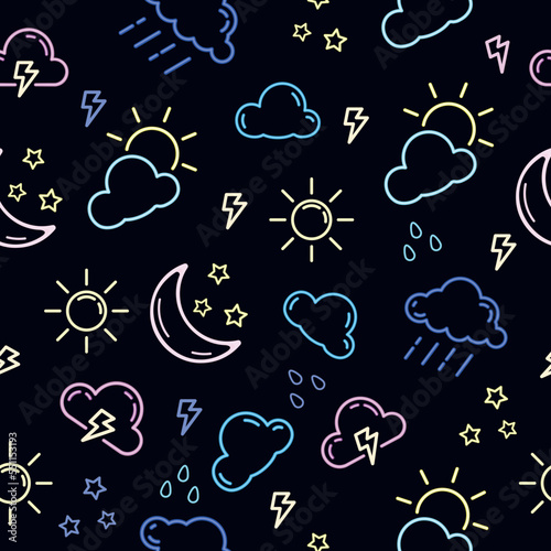 Seamless vector black background with weather icons. A bright and noticeable background for your projects 