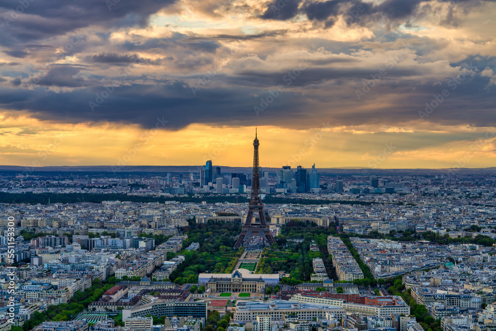 Aerial view of Eiffel Tower at sunset in Paris. France