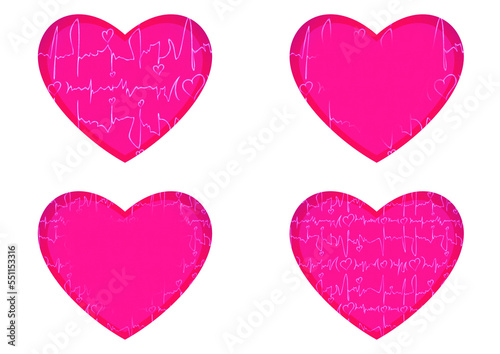 Set of 4 heart shaped valentine's cards. 2 with pattern, 2 with copy space. Neon plastic pink background and glowing pattern on it. Cloth texture. Hearts size about 8x7 inch / 21x18 cm (pv03ab)