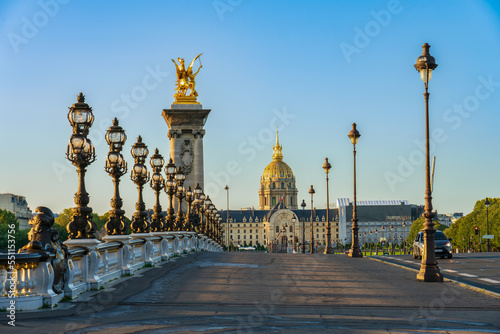 Dome of Les Invalides seen across Pont Alexandre III bridge in Paris. France