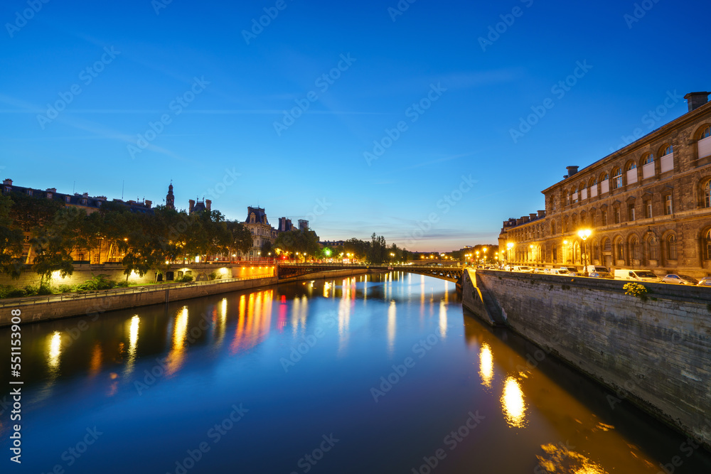 Seine river at dawn overlooking Pont d'Arcole bridge in Paris. France 
